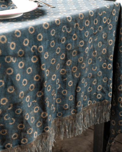 Mantel Lino Azul Estampado Geométrico
